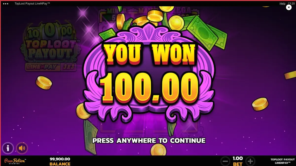 Tampilan visual slot TopLoot Payout LineNPay dengan tema harta karun dan emas.