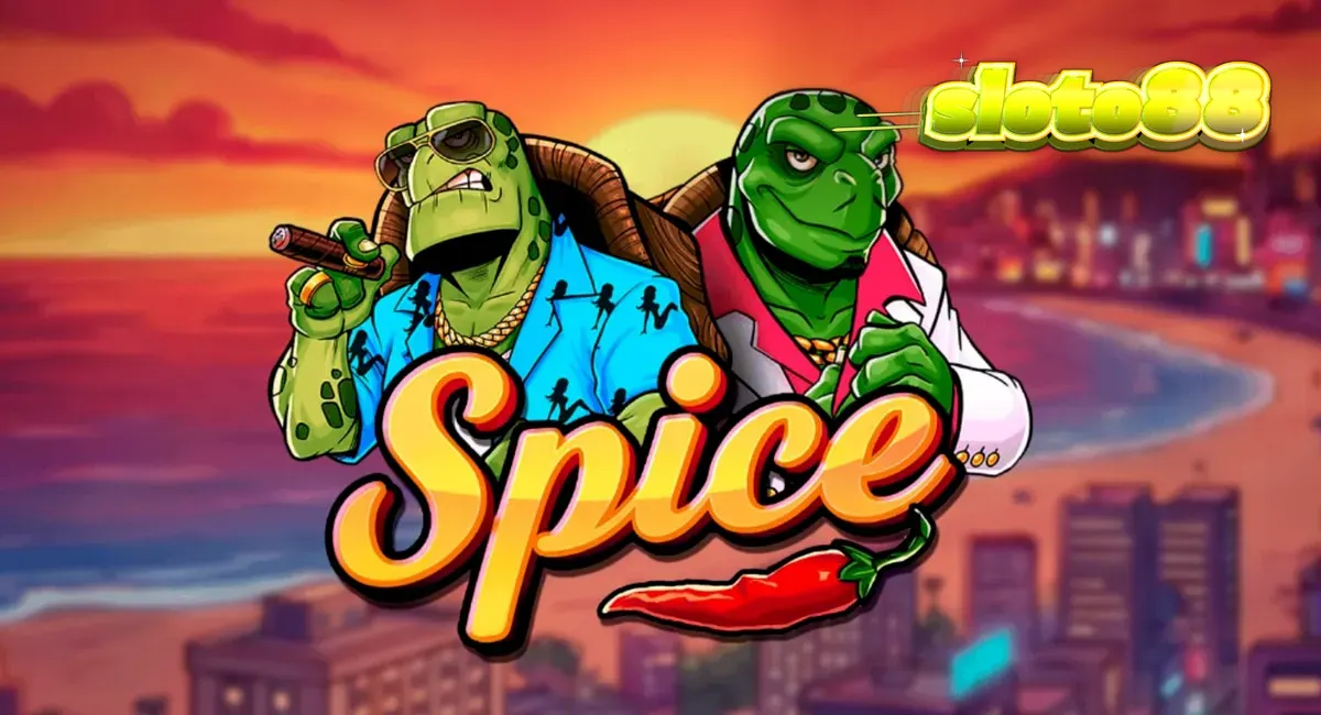 Tampilan visual slot Spice dengan tema kura-kura dan estetika neon