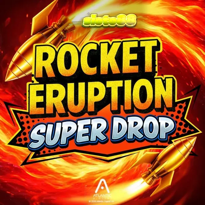 Tampilan visual slot Rocket Eruption Super Drop dengan tema gunung berapi dan dinosaurus